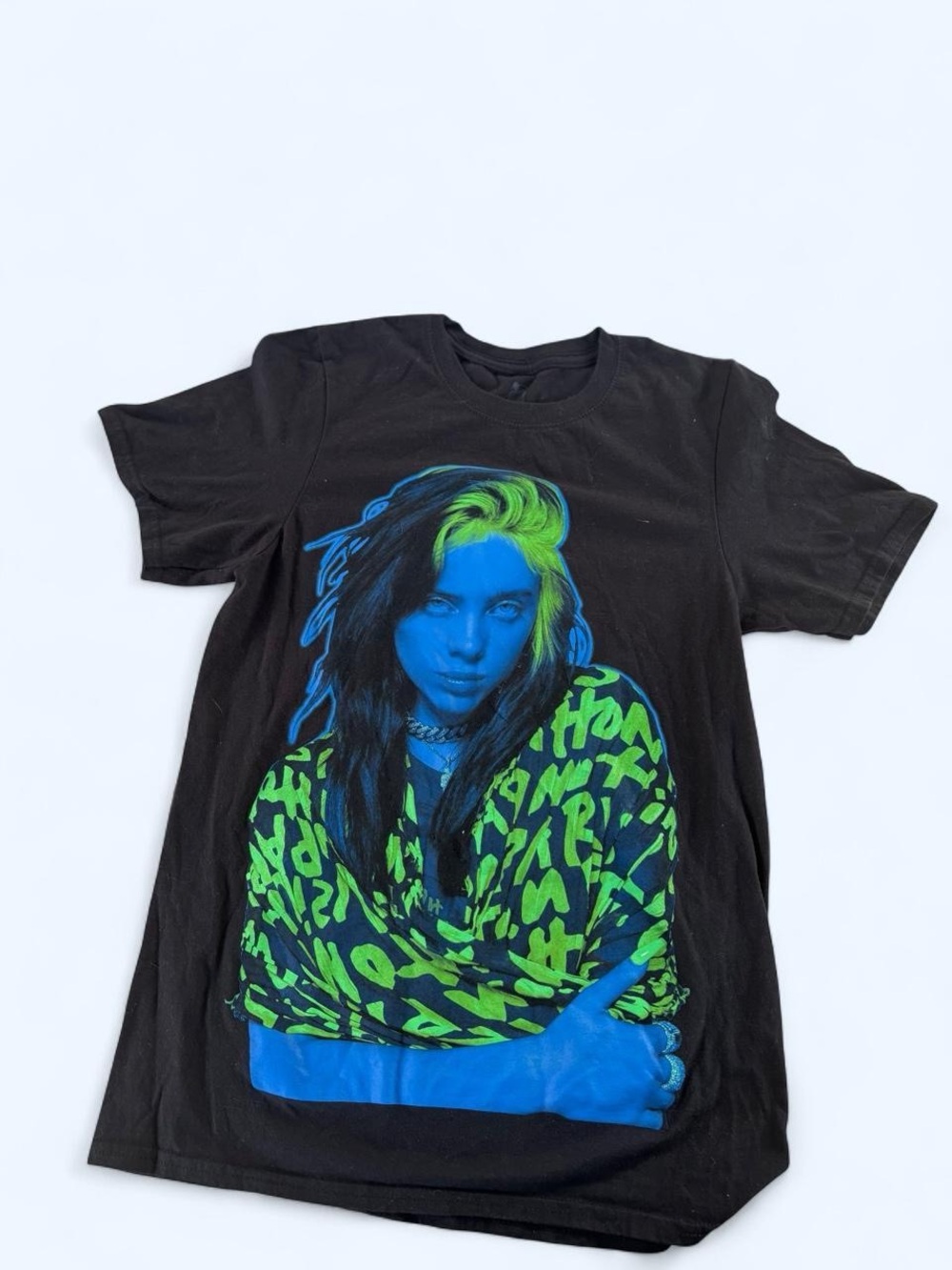 Billie Eilish Graphic Tee with Neon Green & Blue Portrait
